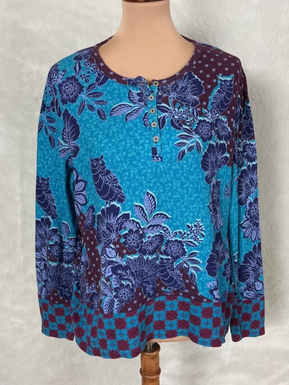 Sundance Blue Burgundy Red Floral Owl Melody Tree Thermal Henley Shirt L